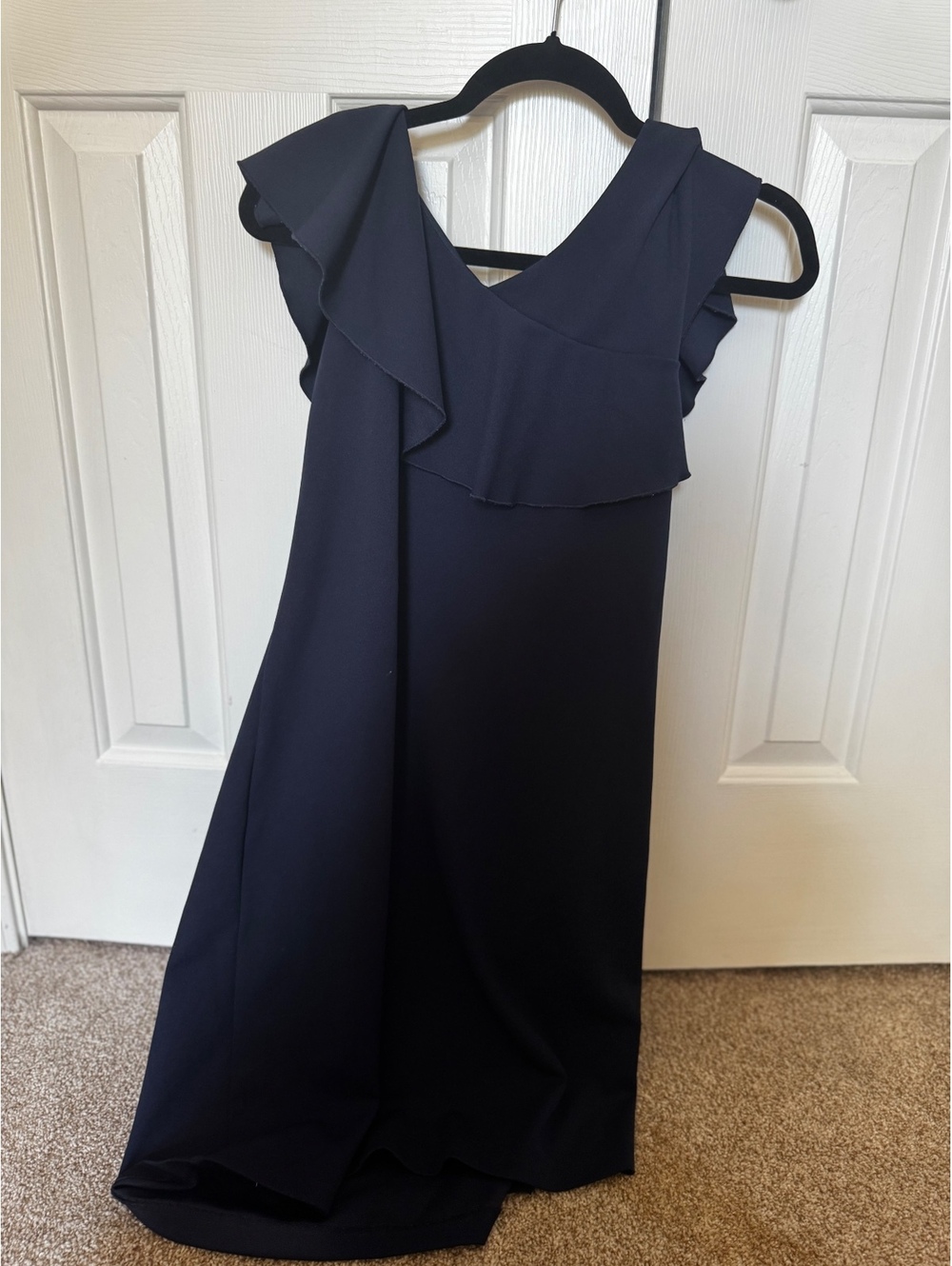 Roz & Ali Women’s Size 12 Navy Blue Ruffle Sleeveless Shift Dress Stretch